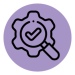 Icon of a gear wheel and magnifying glass on a purple circle.