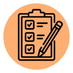 Icon of checklist and pencil on an orange circle.