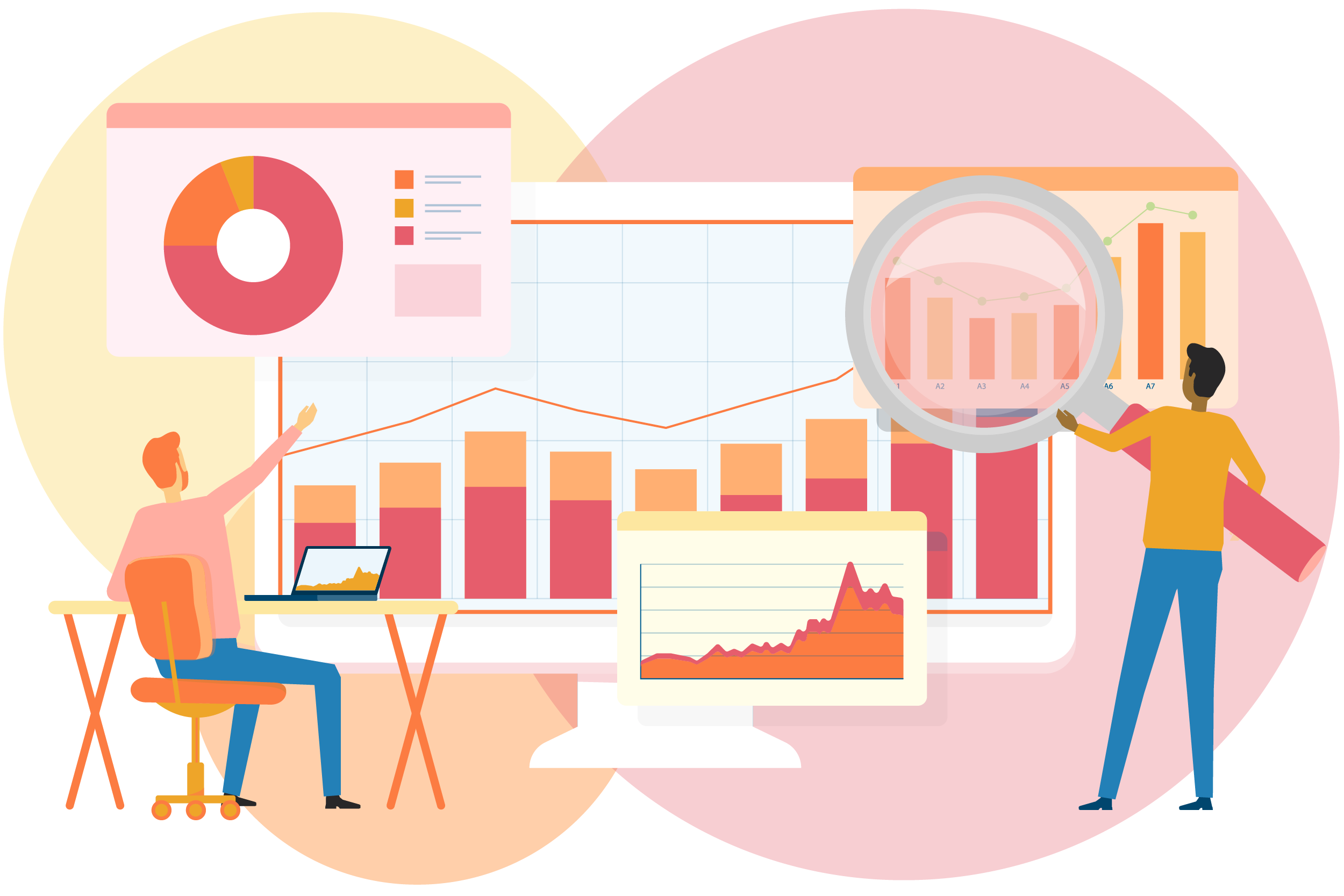 Flat graphic of employees analyzing data using Intelex dashboards