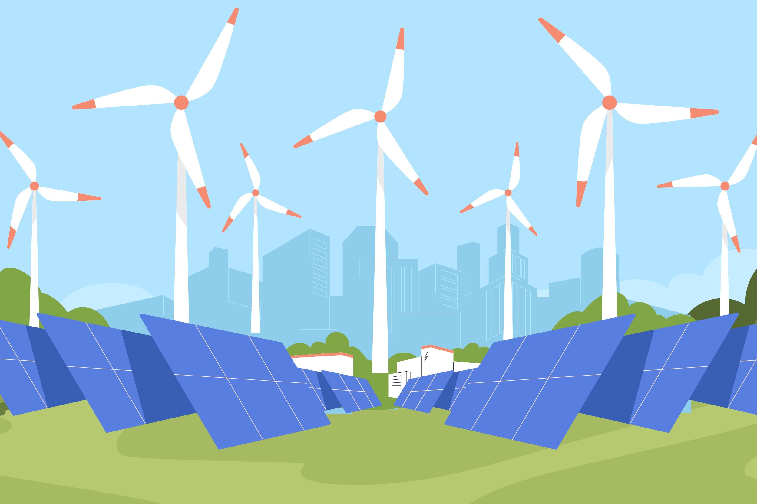 Graphic of windmills and solar panels