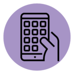 Icon of mobile phone on purple circle.