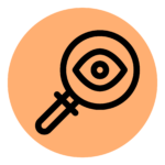 Icon of magnifying glass on orange circle.