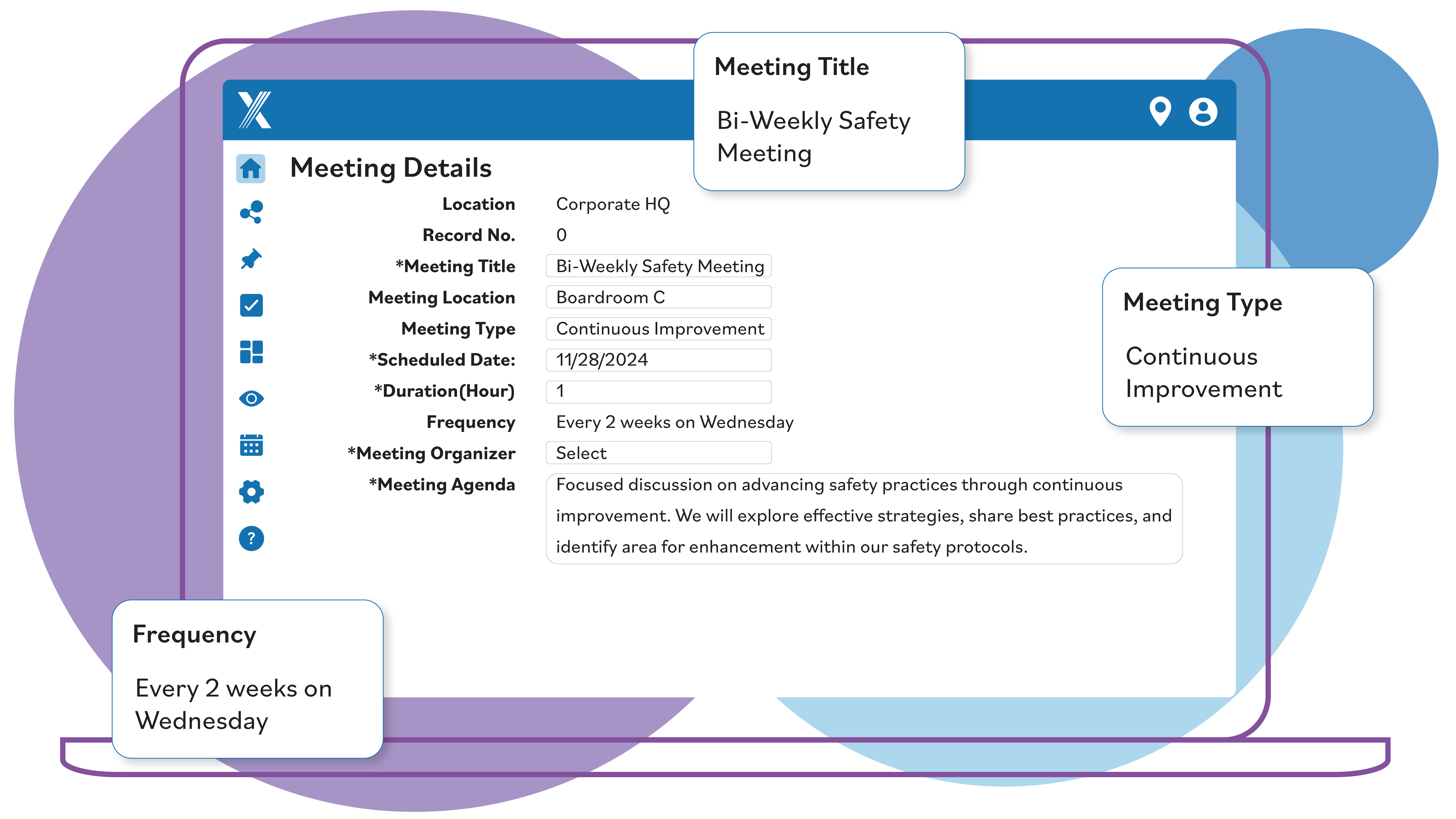  Laptop displaying meeting settings, including agenda and participant list.